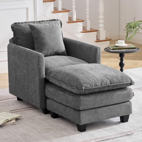 Image of 30'' Cloud Single Couch with Ottoman, Cloud Sofa with Throw Pillow, Modern 1 Seater Reading Chair with Deep Seat, Accent Chairs for Living Room, Bedroom, Small Apartment, Dark Grey