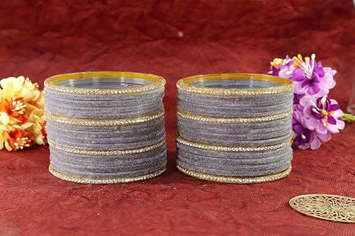Image of NMII Fancy Glass Golden Zircon Diamond Stone & Velvet Finish Plain Bangles Set For Women & Girls | Glass Velvet Bangles | Kanch ki Chudiyan | Girl's Bangles Bracelet | Fashion Jewellery- Set of 32