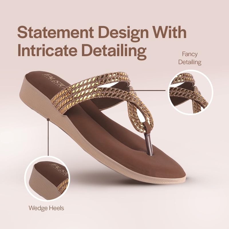 Image of FAUSTO Women T-Strap Slip On Ethnic Sandals with Rhinestone Strap | Wedge Ortho Slip-On Slippers | Perfect for Wedding, Festive Outfits