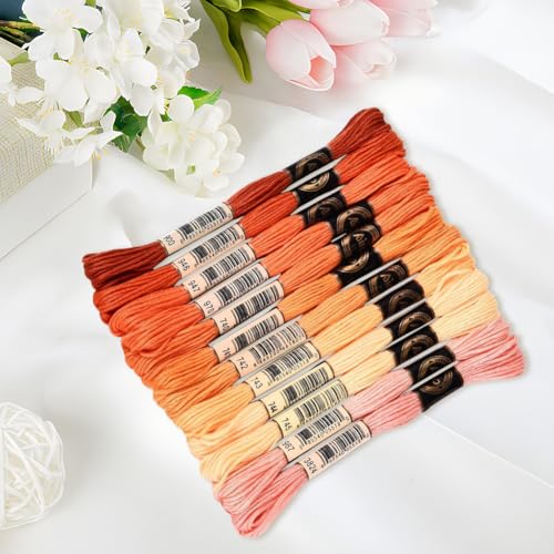 Image of 105 Yards 12 Skeins Gradient 6 Strands Orange Red Variegated Embroidery Thread Friendship Bracelet String Polyester Cross Stitch Floss Threads Assorted Bulk Set for Hand Sewing Making Supply