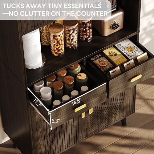Image of LIKIMIO 71.6 inch Tall Kitchen Pantry Cabinet, Walnut Mid-Century Hutch Cabinet with Storage- 3 Adjustable Shelves, 2 Drawers, Multi-Room Pantry