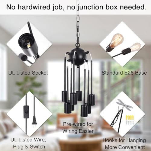 Image of 8 Lights Plug in Chandelier, Hanging Lights Black Plug in Pendant Light