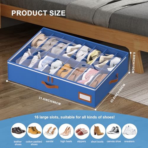 Image of homyfort Shoe Organizer Under Bed, Fits 32 Pairs, Under bed Shoe Storage Boxes with Study Handles and Clear Cover, zapateras organizer for shoes, set of 2