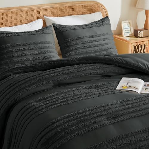 Image of BEDELITE Boho King Size Comforter Set - Dark Grey Tufted Striped Bed Set 3 Pieces, Soft Vintage Farmhouse Comforter for All Seasons, Boho Home Decor,Fluffy Jacquard Bedding with Pillow Sham