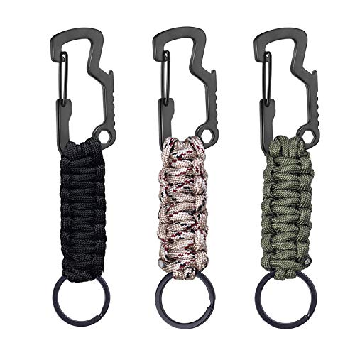 Easere Paracord Keychain Lanyard Woven key chain with Carabiner for Keys Flashlight Whistle Backpack for Men Women (3 Pack Black & Army Green & Desert Camouflage)