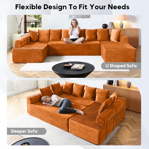 Image of Oversized Cloud Boneless Couch with Chaise, 145 inch Modern U Shape Modular Deep Seat Sectional Sofa, Comfy Corduroy Upholstered Couches for Living Room, No Assembly Required, Orange