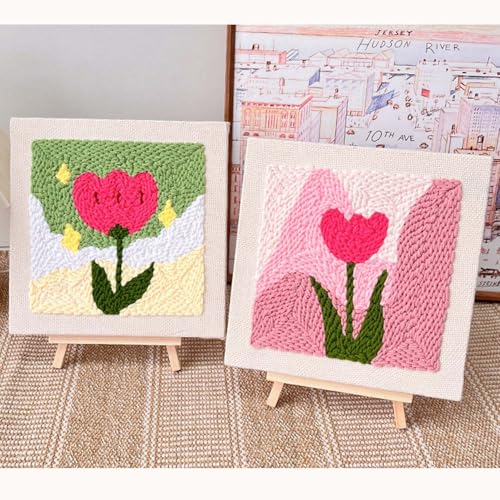 Image of Allazone Punch Needle Embroidery Kit, Square Frame with Green and Pink Tulip Pattern, Includes Frame, Stand, Punch Needle, Scissors, Yarns, Adults Beginner Friendly