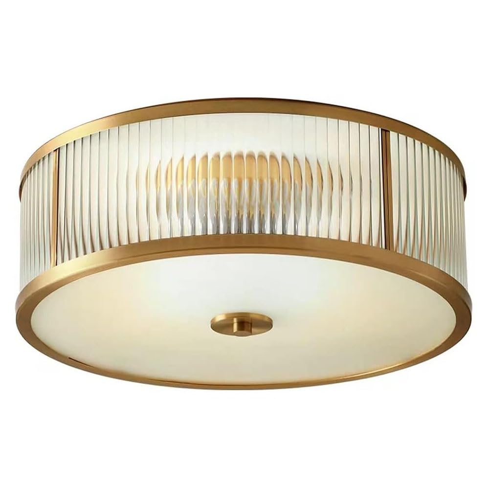 FEITENGDA Minimalist Round Flush Mount Ceiling Light Modern Copper Frame Close to Ceiling Light Nordic Striped Glass Shade Ceiling Lamp for Study Bedroom Dining Room Living Room