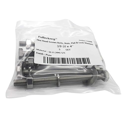 Miniatura 30 de (5 juegos) Tornillos de cabeza hexagonal de acero inoxidable 3/8-16x3, tuercas, arandelas planas y de bloqueo, 18-8 (304) S/S, totalmente roscados