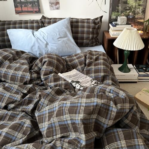 Image of Gingham Duvet Cover Set King Size Brown Blue Bedding Set for Girls Boys,Vintage Buffalo Plaid Duvet Comforter Cover with Grid Pattern with Zipper Closure and 2 Pillowcases