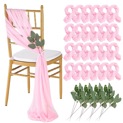 QueenDream Pink Chair Sashes Wedding Aisle Decorations: 24 Packs 8ft Long Draping Fabric Sheer Church Chair Cover Bulk for Party Banquet