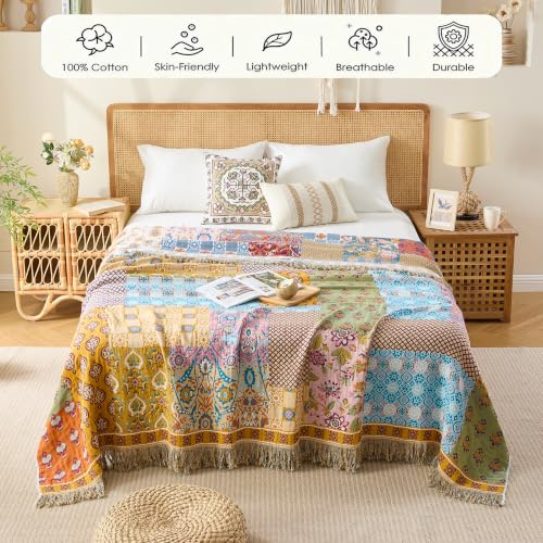 Image of VANJOROY King Boho Throw Blanket, 100% Organic Cotton Breathable Skin-Friendly Ultra Soft 91 inch x 98 inch Bed Quilt Patchwork Throw - Floral Rustic Luxury Reversible Blanket for Sofa Couch Chair and Gift