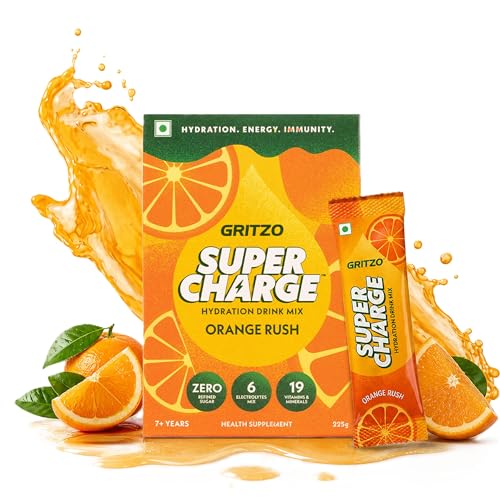Gritzo Supercharge Hydration Drink Mix (7+y) Orange Rush, 15 Sachets (15g Each) | Zero Refined Sugar
