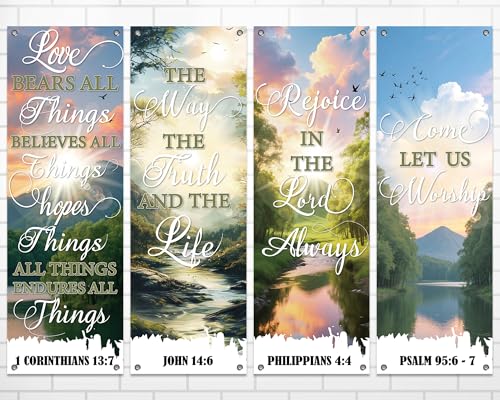 4PCS Church Banners with Scripture for Sanctuary Wall Welcome Inspirational Religious Praise Hanging Backdrop Scenic Pattern Worship Bible Verses Banner Porch Signs for Sunday School Decoration