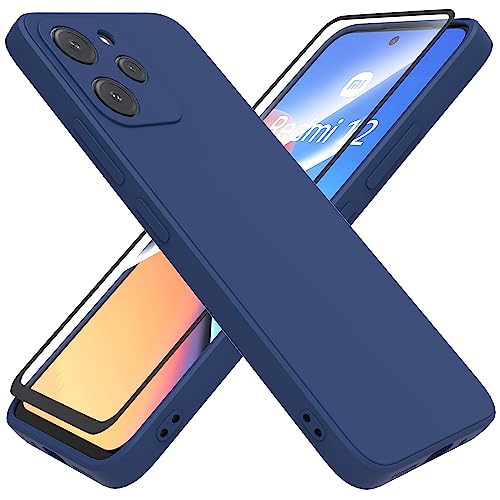 HHUIWIND Funda Silicone Case para Xiaomi Redmi 12 4G / 5G (6.79') + Cristal Templado Protector,Carcasa Protectora Movil Silicona Ultra-Fina Gel Estuche - Azul