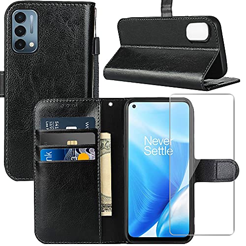 OnePlus Nord N200 5G Case, OnePlus Nord N200 Wallet Case, with Screen Protector,PU Leather Wrist Strap Card Slots Shockproof Protective Flip Cover Phone Case for 1+ Nord N200 5G,Black