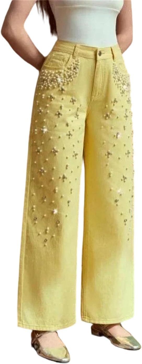 Women Washed Denim Straight Leg High Waist Long Pants Pearl Embellished Casual Comfort Jeans for Daily Wear