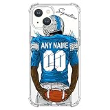 VNGDA Custom Name & Number Crystal Clear Football Case for iPhone 15 Pro Max 14 13 12 11 Xs Max Xr SE3 8 7 6 Plus 11 Pro Mini,with 4 Shockproof Corners Customized Transparent Case(Detroit)