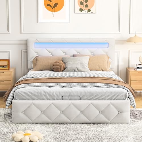 BRYXR Bett 140x200, Polsterbett Doppelbett mit LED, Hydraulisch Stauraumbett mit Lattenrost, Verstellbare Kopfteil, Funktionsbett, Jugendbett, Ohne Matratze, Beige Samt