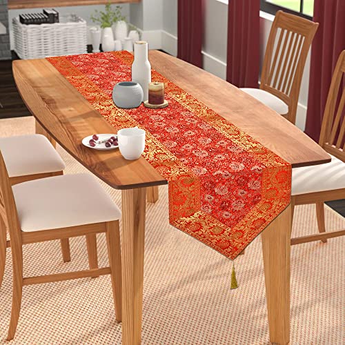 Image of E-EZRA Room Decor Banarasi Silk Handmade Flower V Shape Table Runner Dinning & Centre Table Long Runner Bed Runner Gold Tassels End Size 14 X 80 inches (Red)