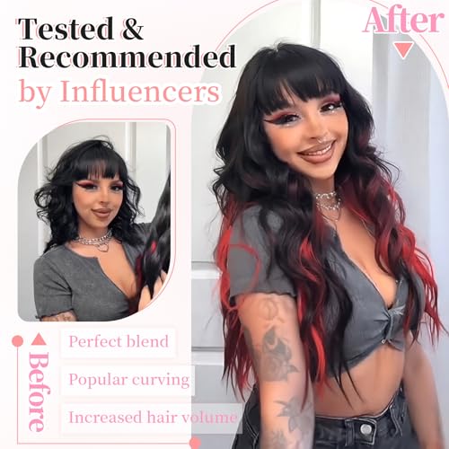 Image of KooKaStyle Wavy Clip in Hair Extensions 24 inch Black Mix Red Highlights | 4 Pieces Clip in Extensions,Fiber Double Weft Hairpieces,Natural Volume,Beach Wave Long Synthetic Hairpieces for Women
