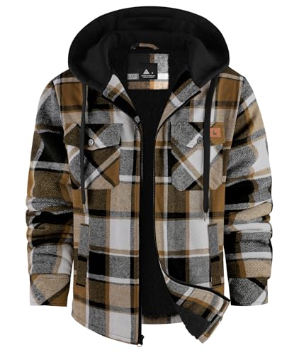 Image of V VALANCH Men's Flannel Shirt Jacket with Hood Fleece Lined Plaid Jacket Zip Up Winter Warm Coat