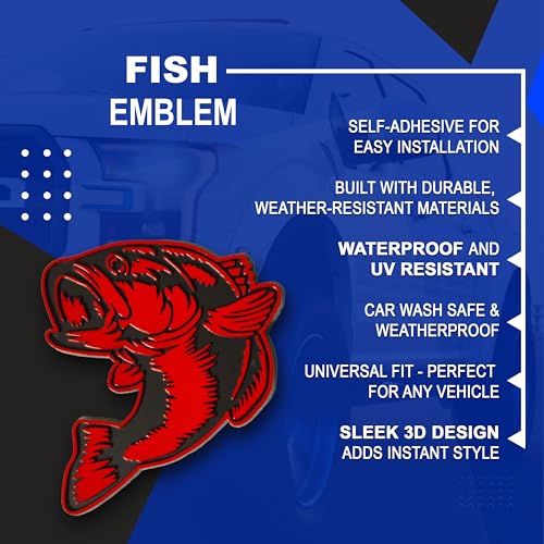 Image of Bass Emblem 3D Fish Badge - Custom Car Sticker for Car, Truck, SUV, Trunk, Hood, Fender - Set of 2 (Red)
