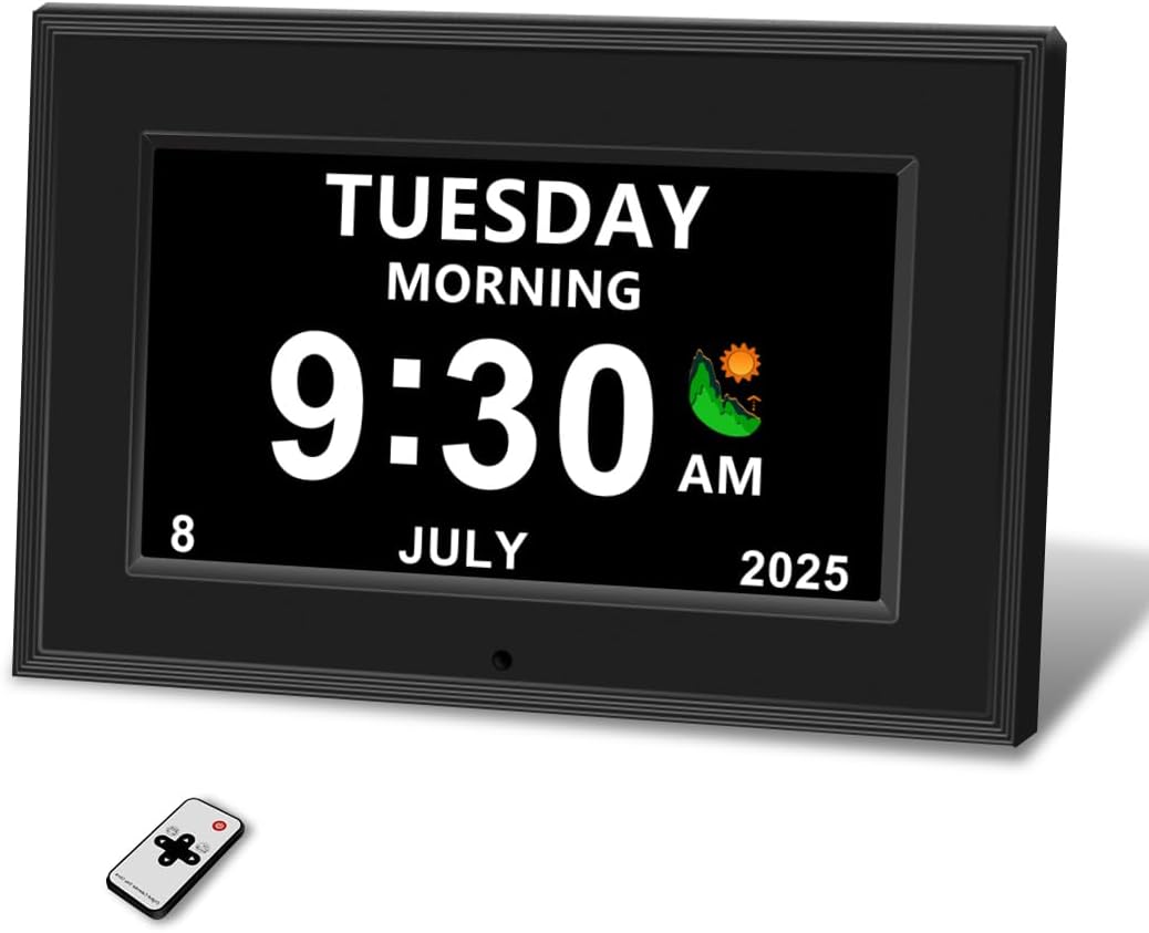 Digital Alarm Clock for Seniors - No-Abbreviation Date HD Display Auto Dimming Photo Frame DST Adjustment, Ideal Gift for Elders (7inch Black)