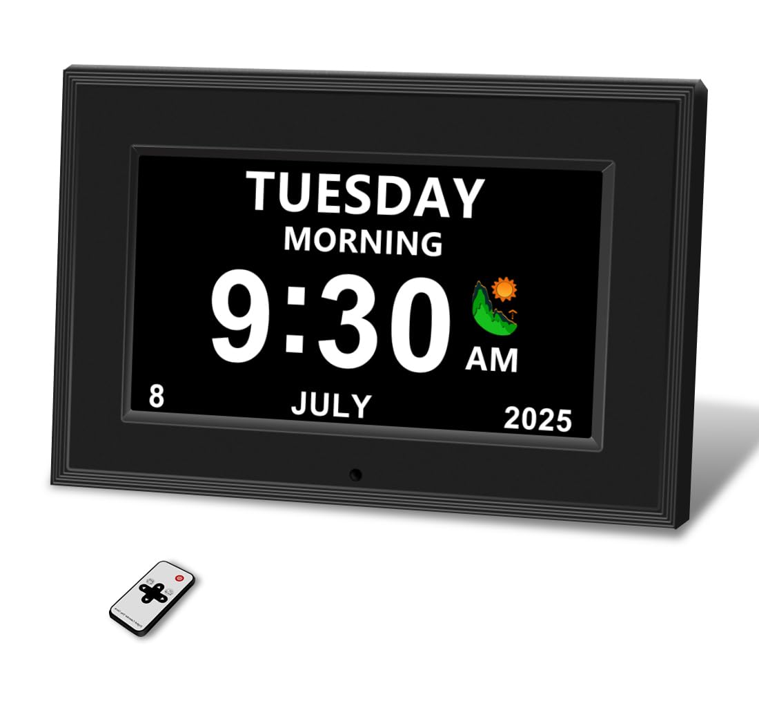 MYFMLI Digital Alarm Clock for Seniors - No-Abbreviation Date HD Display Auto Dimming Photo FrameWhite Noise DST Adjustment