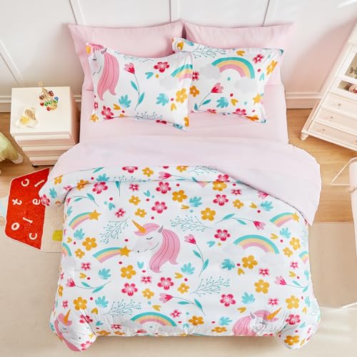 Girls Bed in a Bag Twin Size White Unicorn Comforter Set with Rainbow Flower - Soft 6 Pcs Pink Bedding Set (1 Comforter, 2 Pillow Shams, 1 Flat Sheet, 1 Fitted Sheet, 1 Pillowcases)