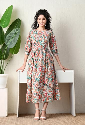 Image of Ichaa Women's Aqua Rayon Printed Maternity Dress with Feeding Zips and Pocket, in Plus Sizes