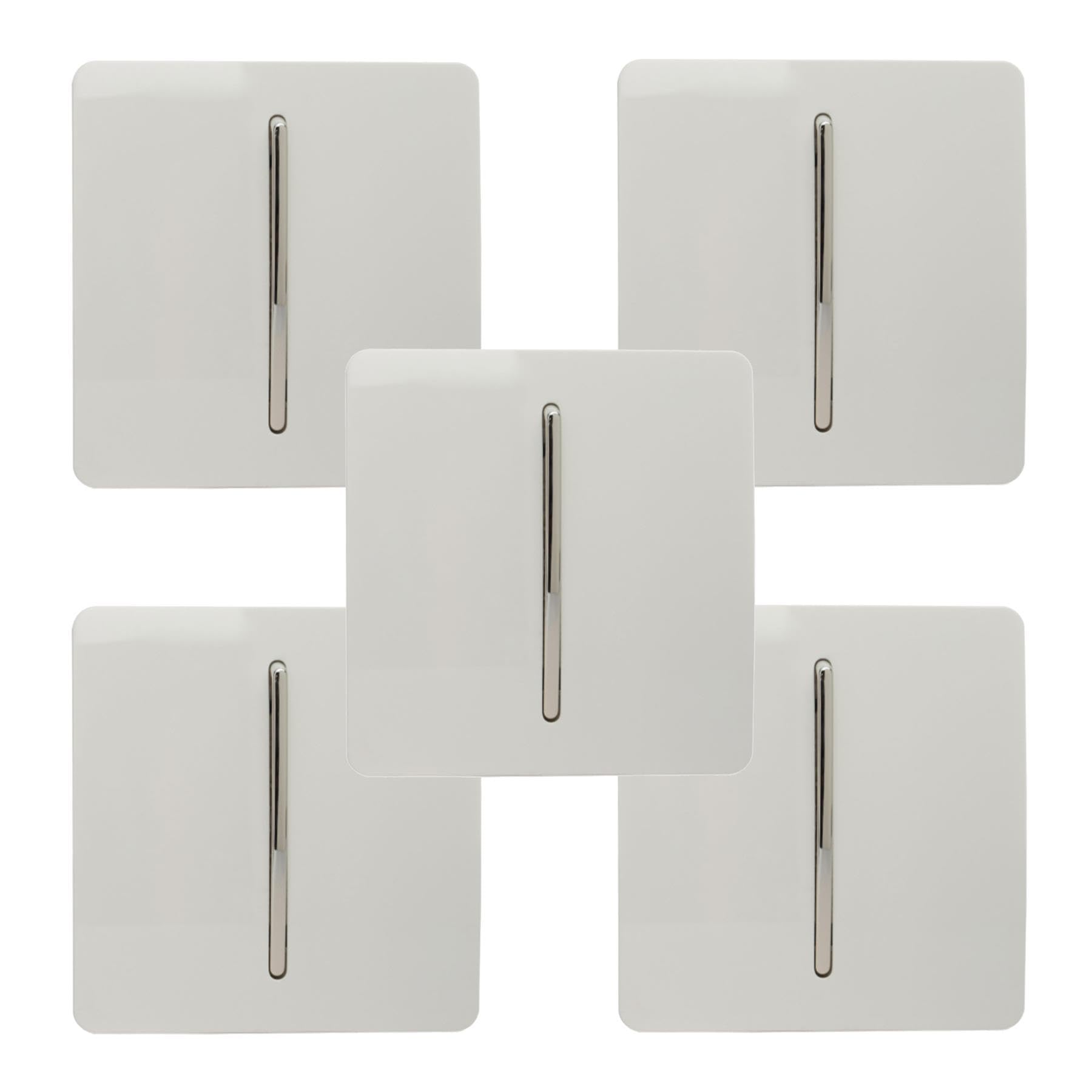 Trendi Switch 1 Gang 1 or 2 Way Ice White Rocker Light Switch - Screwless Design - Fireproof ABS Plastic - Pack of 5