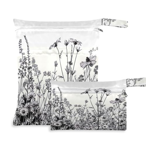 ATTX Black and White Flowers Wet Dry Bags 2-Pack - Reusable Cloth Diaper Storage for Travel, Beach & Gym | Multi-Use Waterproof Bags for Swimsuits, Baby Clothes, Sports Gear#65