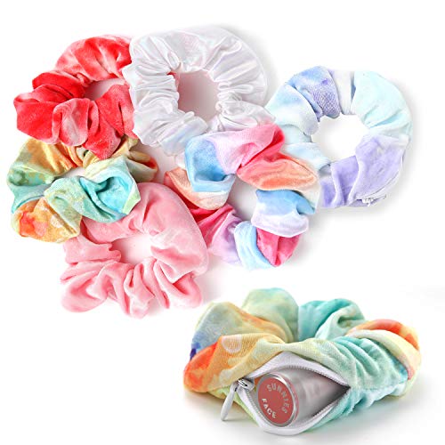 Scrunchie with Zipper Pocket Scrunchie Hair Ties Women Girls Elastic Hair Rubber Bands -6 Pack Different Color