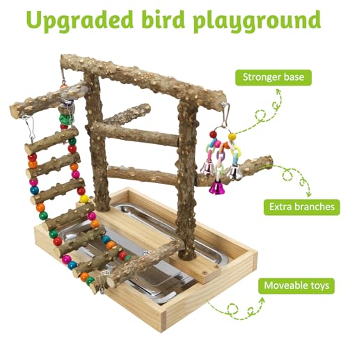 Image of BNOSDM Natural Wood Bird Playground for Training & Playing, Parrot Perch Stand Jungle Gym with Hanging Bridge & Detachable Tray Parakeet Cage Playstand for Budgie, Cockatiel, African Grey