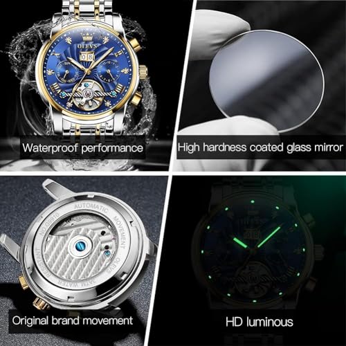 Image of OLEVS Self Winding Watches for Men Automatic Mechanical Skeleton Luxury Dress Waterproof Moon Phase Tourbillon Chronograph Stainless Steel Luminous Wristwatch