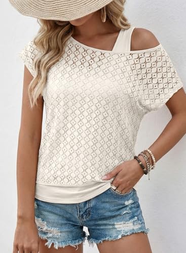 Dokotoo Women's Summer Crochet Hollow Out Cover Up Short Sleeve Lace Shirts Boho Tops for Women Off Shoulder Casual Lining Two Piece 2026 Casual Loose Fit Dressy Outfits Blouses White — view 2