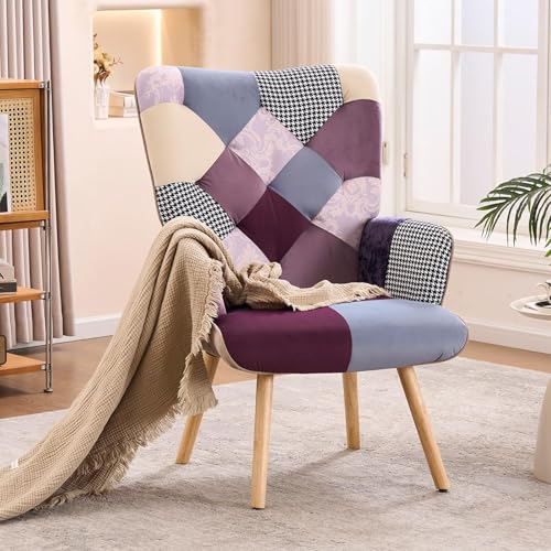 Joysoul Living Room Accent Chair, Modern High Back Armchair, Boho Patchwork Fabric Chair, Colorful Upholstered Reading Chair with Solid Wood Legs for Bedroom, Small Space (Purple Plaid)