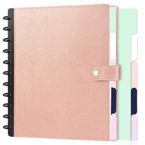 SKLENICE PU Leather Discbound Notebook 8.5 x 11 Disc Bound Planner Supplies with Discs 5 Tab Note Dividers & 60 Pages Wide Ruled Disc Planner for Work Travel Note Taking (Letter Size Rose Gold)
