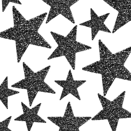 Image of Wawory 24 Pcs Iron On Star Patches Rhinestone Black Adhesive Applique Stars, Black Star Glitter Crystal Patches for Clothing Jeans Bags Hats Repair Decoration (3 Size)