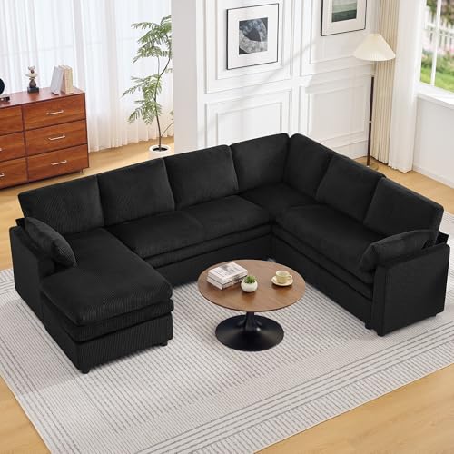 Image of 110 inch Sectional Couches with Left Chaise, Comfy Deep Dual-Layer Cushion Couch, 7 Seater U Shaped Couch, Modern Modular Sofa, Corduroy Sofas for Living Room, Apartment, Black