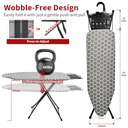 Ironing Board with Metal Iron Rest and Built-in Hook, 7 Adjustable Heights, 43\" ×13\" Standard Size Iron Board with 4-Layer Heat Resistant Cover and Pad for Home Apartment Laundry, Gray