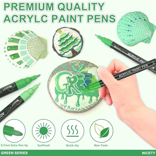 NICETY 30Pcs Acrylic paint Pens – Paint Markers for Rock Painting Wood Stone Fabric Canvas Glass Ceramic 0.7 mm ALLtone (Green)