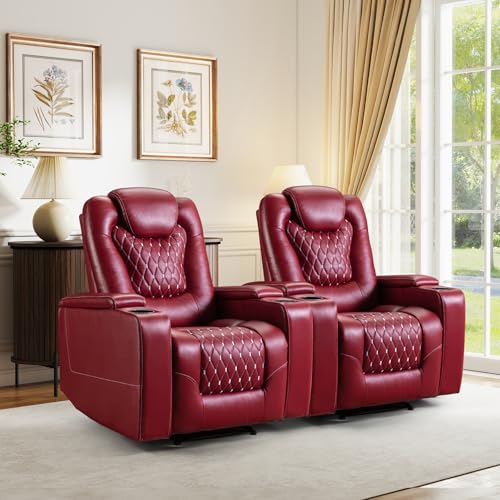 ANJ Power Recliner Chair with USB Ports and Cup Holders - Overstuffed Electric Home Theater Seating PU Leather Reclining Furniture with Hidden Arm Storage, Easy to Clean (Set of 2, Red)