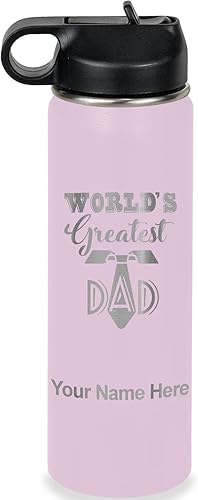 Miniatura 70 de LaserGram Botella de agua personalizada, World's Greatest Dad, acero inoxidable de doble pared aislada al vacío con popote superior, regalo grabado