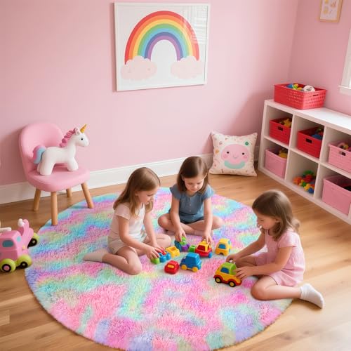 Rainbow Round Rug for Bedroom, 4Ft Fluffy Circle Area Rugs for Living Room, Shag Fuzzy Carpet for Kids Room, Nursery, Dorm, Classroom, Teen, Cute Baby Play Mat Home Decor Aesthetic