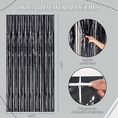 Image of DECOCKRAT 2 Pack Foil Fringe Backdrop - Laser Black Shiny Tinsel Curtains for Party Decoration /Photo Booth Props - 3.3x6.6 FT Metallic Foil Backdrop for Birthday, Wedding, Graduation, Christmas.