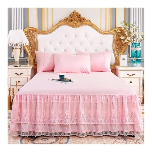 MOVDARL Faldón de cama de encaje de verano de una sola pieza, funda de cama de encaje de princesa, funda de colchón, falda de cama, falda de cama, falda de cama, decoración de cama (rosa, 180 x 220