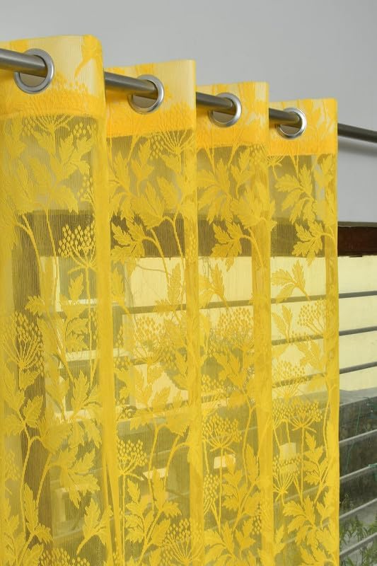 Image of Honger Polyester Beautiful Heavy Tissue Net Floral Semi Transparent Fancy Sheer Eyelets Curtains for Living Room || Home Use Yellow Net 4 X 5 Feet Window 2 Pecs Curtains