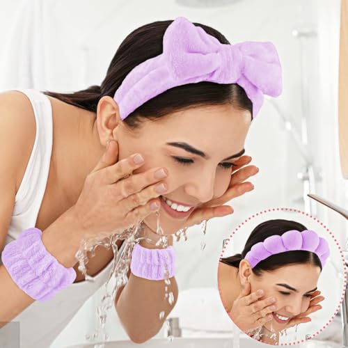 YUXIANLB Spa Headband for Washing Face Skincare Headbands for Women Makeup Terry Cloth Towel Hairband for Skincare Sponge Puffy Make Up Hair Band for Women Face Washing Wristband Set (Purple) - Image 3